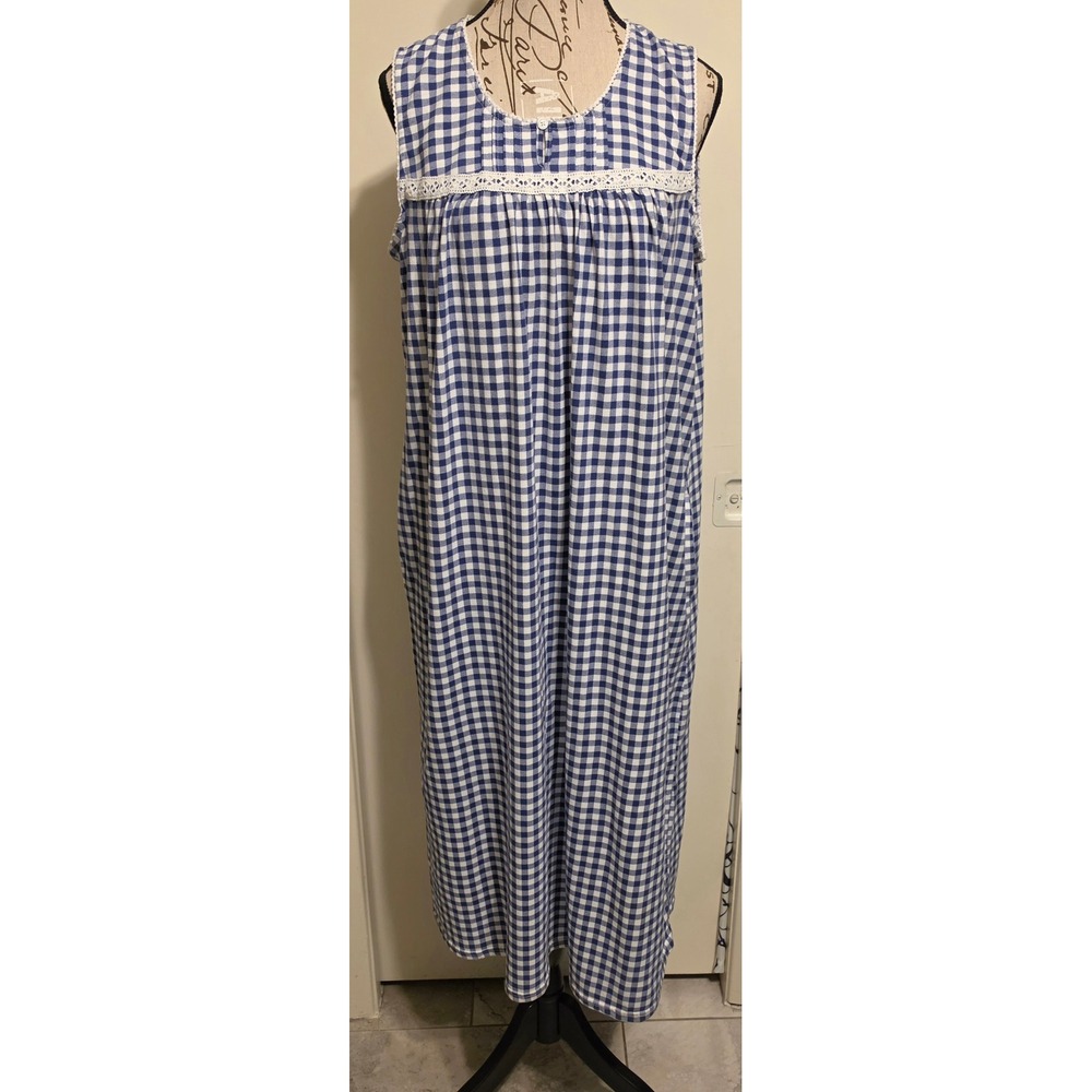 Croft &‎ Barrow Blue White Gingham Sleeveless Nightgown Lace Trim Large